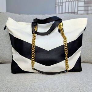 Mackage Large Black & Cream Canvas Tote Bag with Gold Chain Handles NWOT